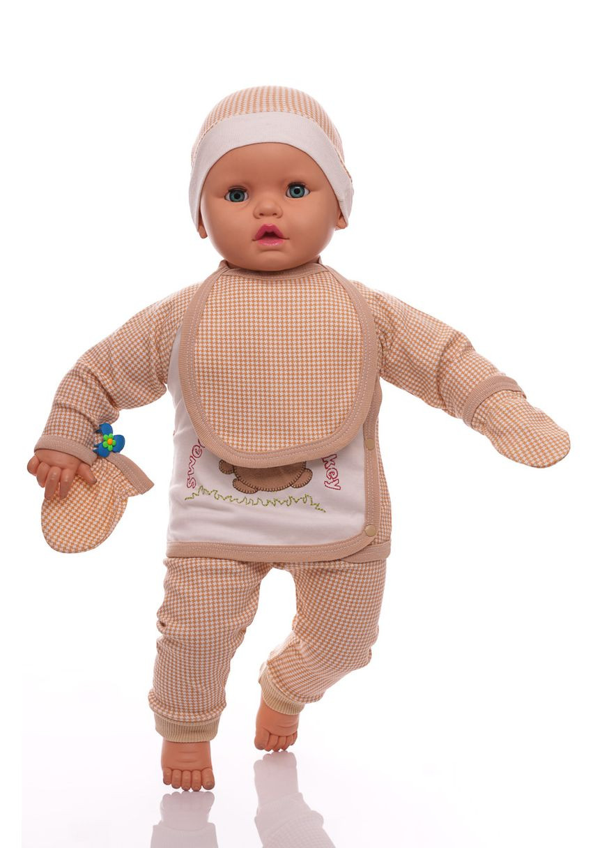 Бежевий демісезонний комплект для новонародженого з царапками інтерлок з ведмедиком бежевий 56 см (33002) BABYKROHA