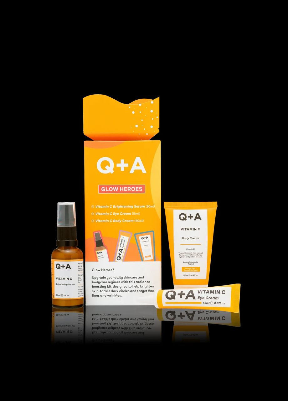 Q+A Подарунковий набір для сяяння шкіри Glow Heroes Gift Set, 50 мл + 30 мл + 15 мл — Крем, Великобританія (308845292)