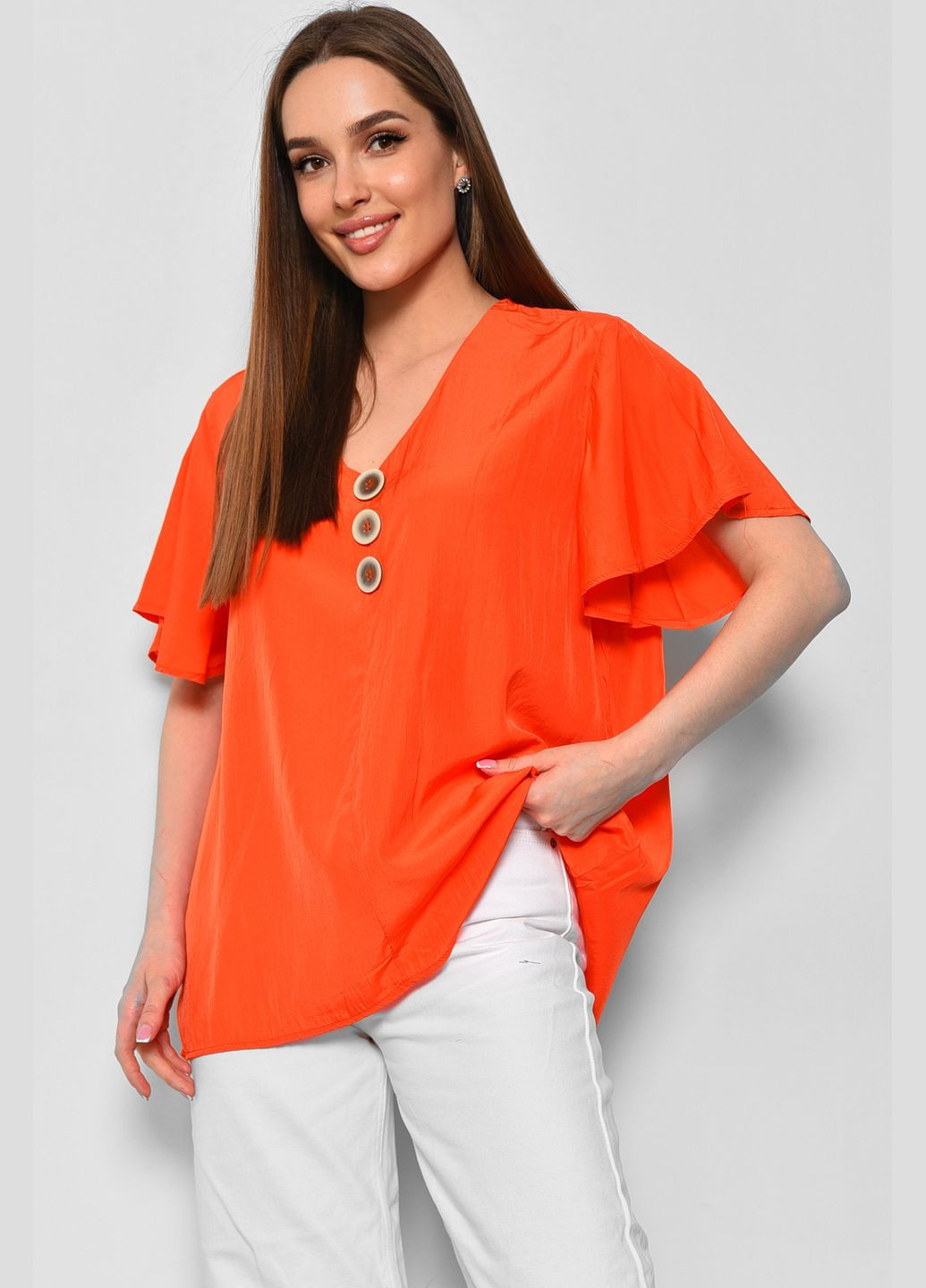 Оранжевая демисезонная блуза женская полубатальная с коротким рукавом оранжевого цвета с баской Let's Shop