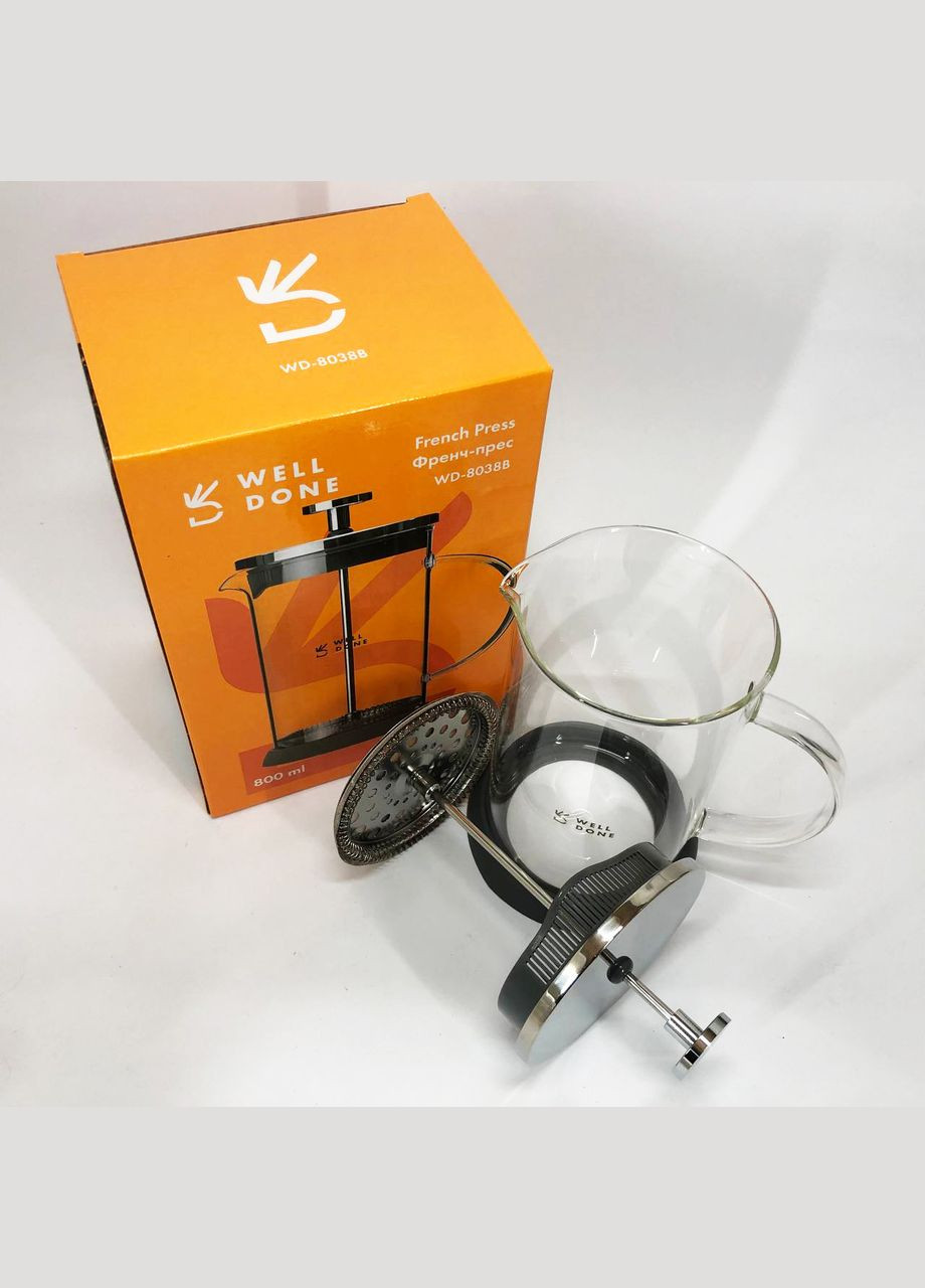 Френч-пресс WD-8038B из термостойкого стекла 800 мл, Необычный заварник для чая Well Done (364709720)