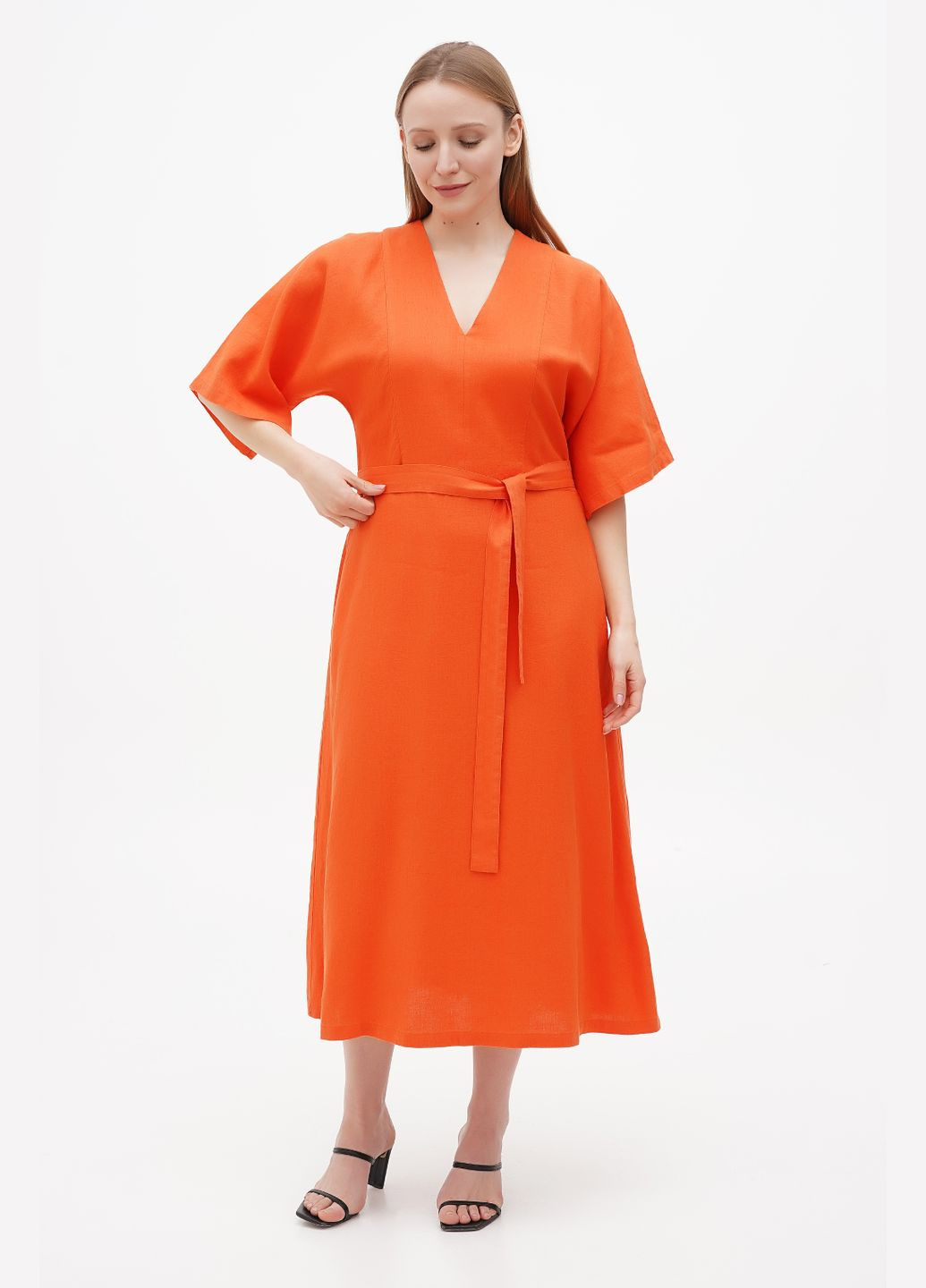 Помаранчева лляна довга сукня бохо з трикутним вирізом та рукавом кімоно під пояс ронда., р., код 0311/52/1788 ГАЛЕРЕЯ ЛЬОНУ