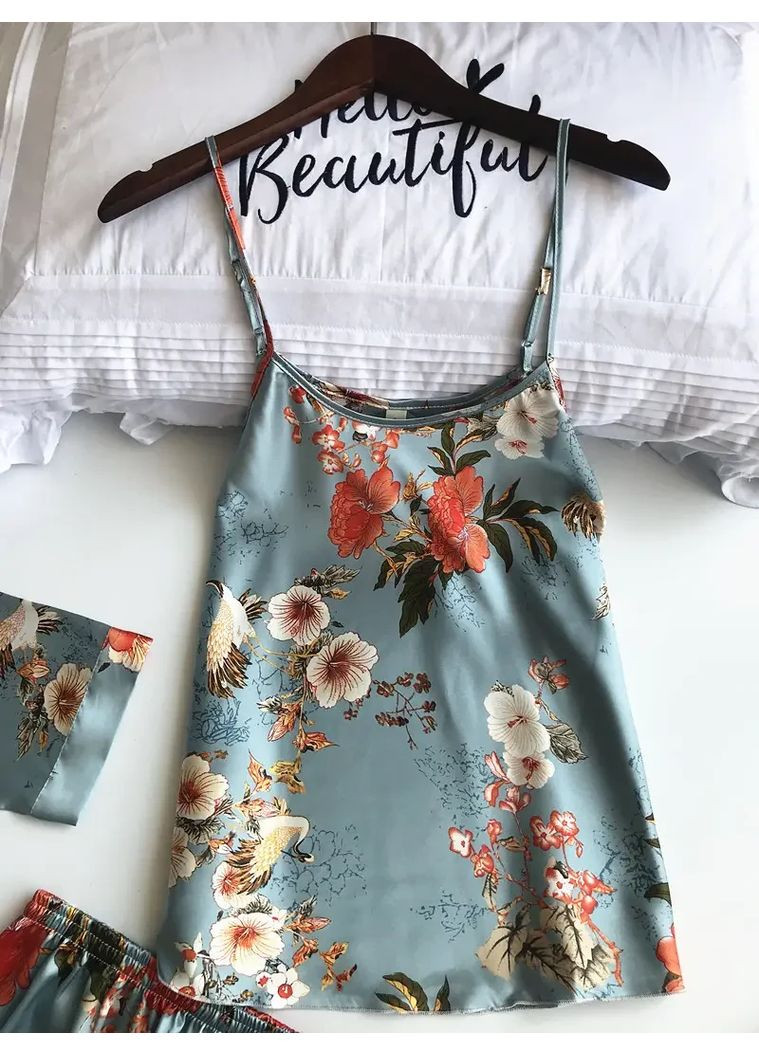 Атласний комплект із квітковим принтом для сну і дома. Халат із піжамою двійкою і штанами China (360862438)