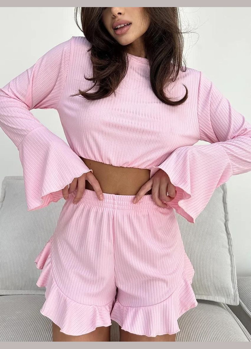 Розовая всесезон пижама женская в рубчик зефирка топ с рукавами шортики топ + шорты No Brand Піжамний комплект Зефірка