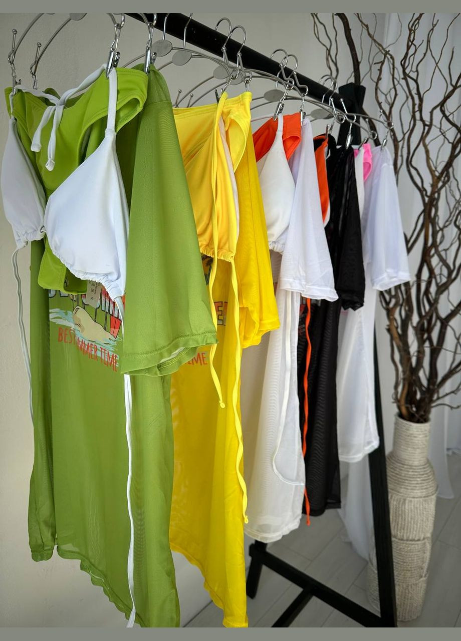 Желтый летний яркий купальник тройка с футболкой сеткой раздельный Vakko