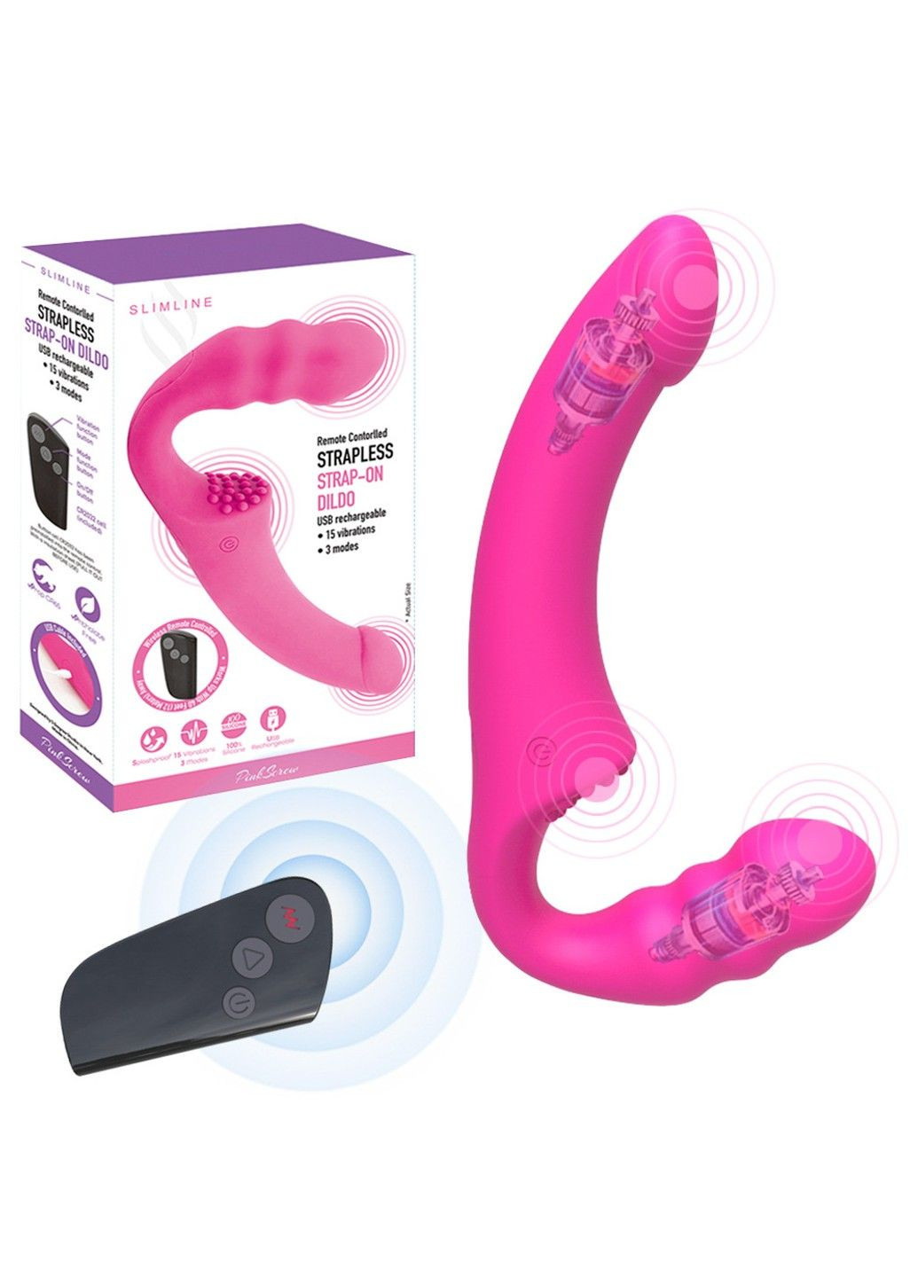 Безременевий рожевий страпон з вібрацією та дистанційним керуванням Slimline (305074862)
