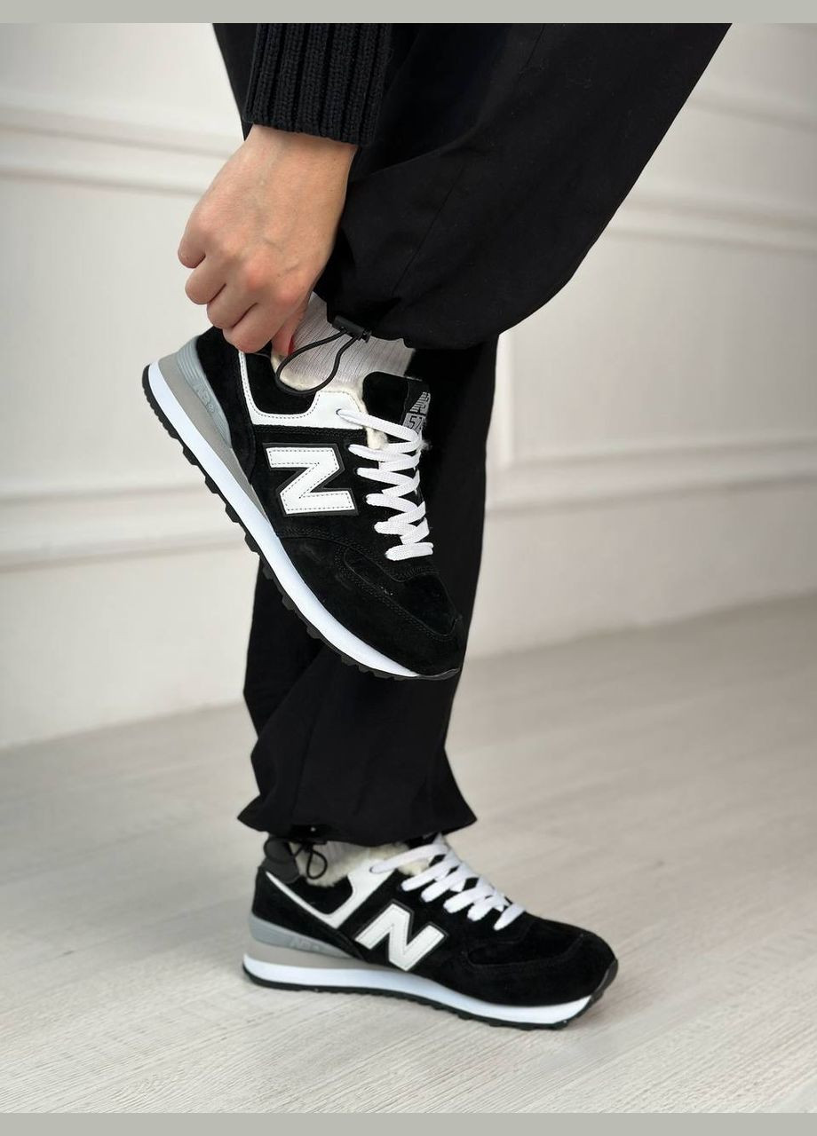 Кроссовки зимние женские New Balance 574 winter black white fur | Нью Беланс 574 черные белые с мехом No Brand чёрные зима (308360701)