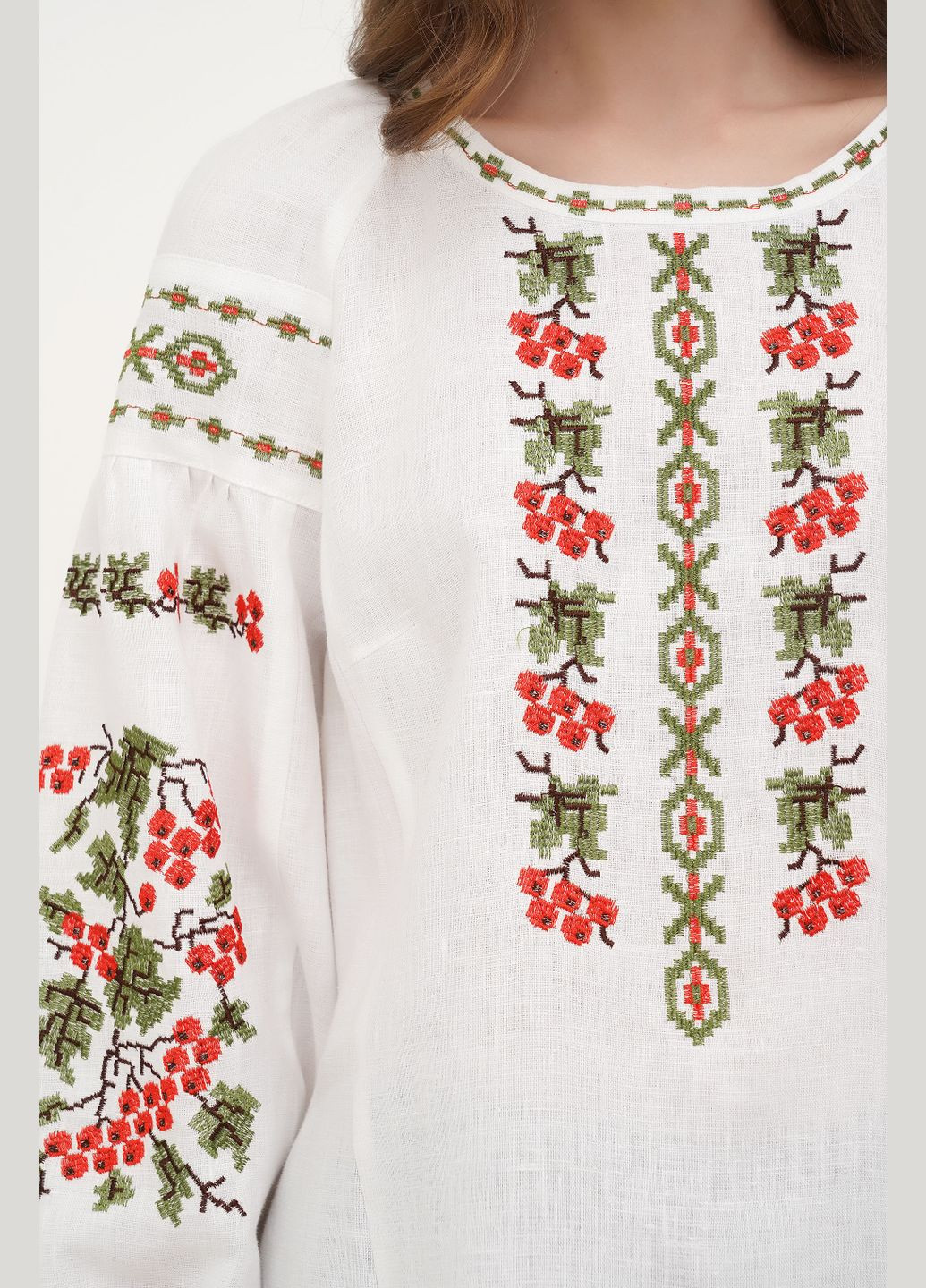 Белая льняная женская вышиванка с широким рукавом-регланом и калиной дзвинка, парные вышиванки. белый, р.54, код 9460/54/101 ГАЛЕРЕЯ ЛЬОНУ