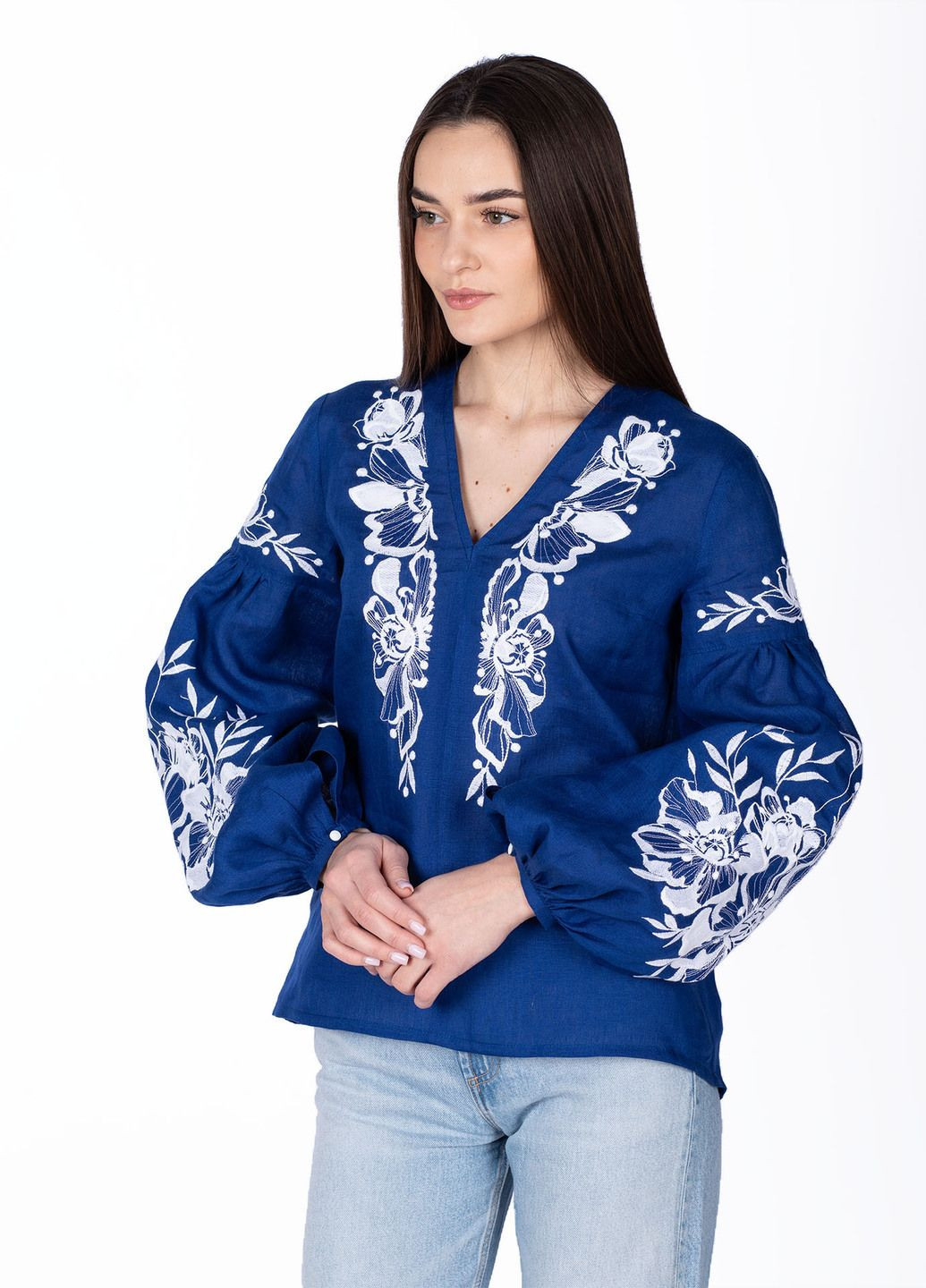 Синяя блузка женская синяя 44-22/00 Едельвіка узор цветочный лен (320742856)