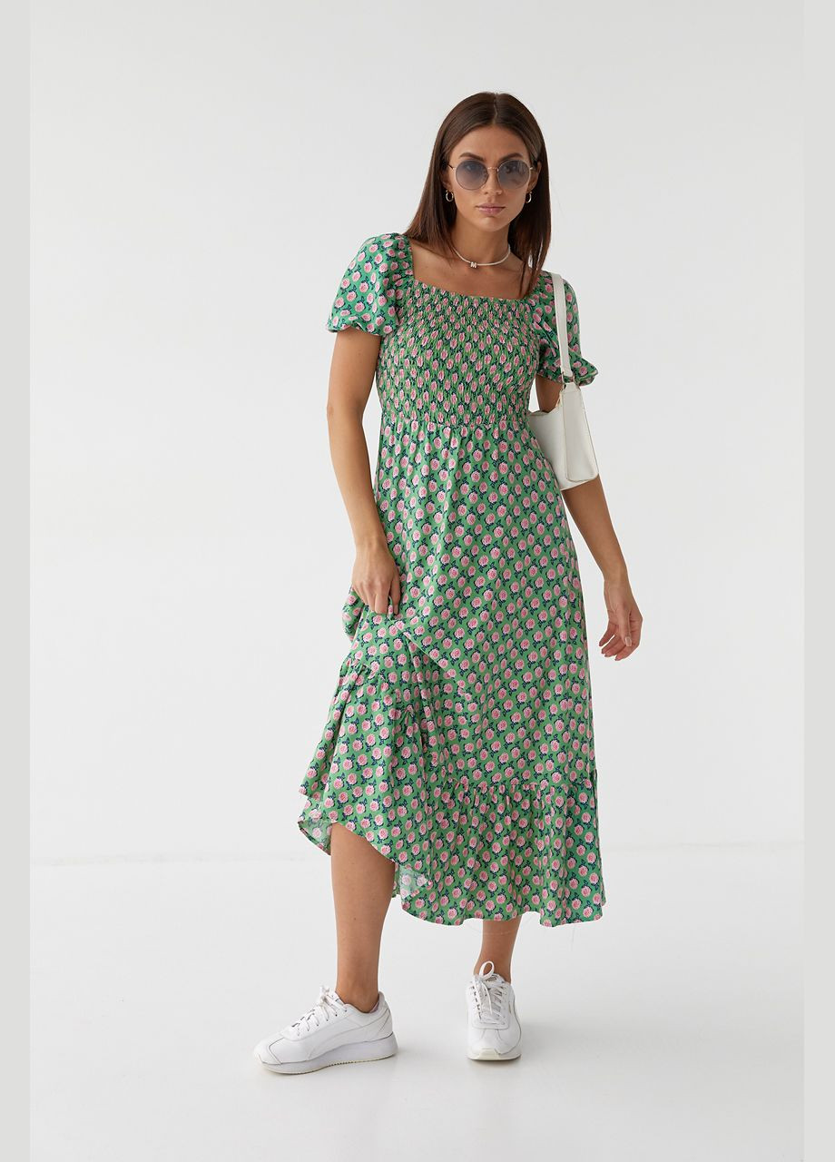 Зелена повсякденний жіноча довга сукня з еластичним поясом 5554 Lurex з квітковим принтом