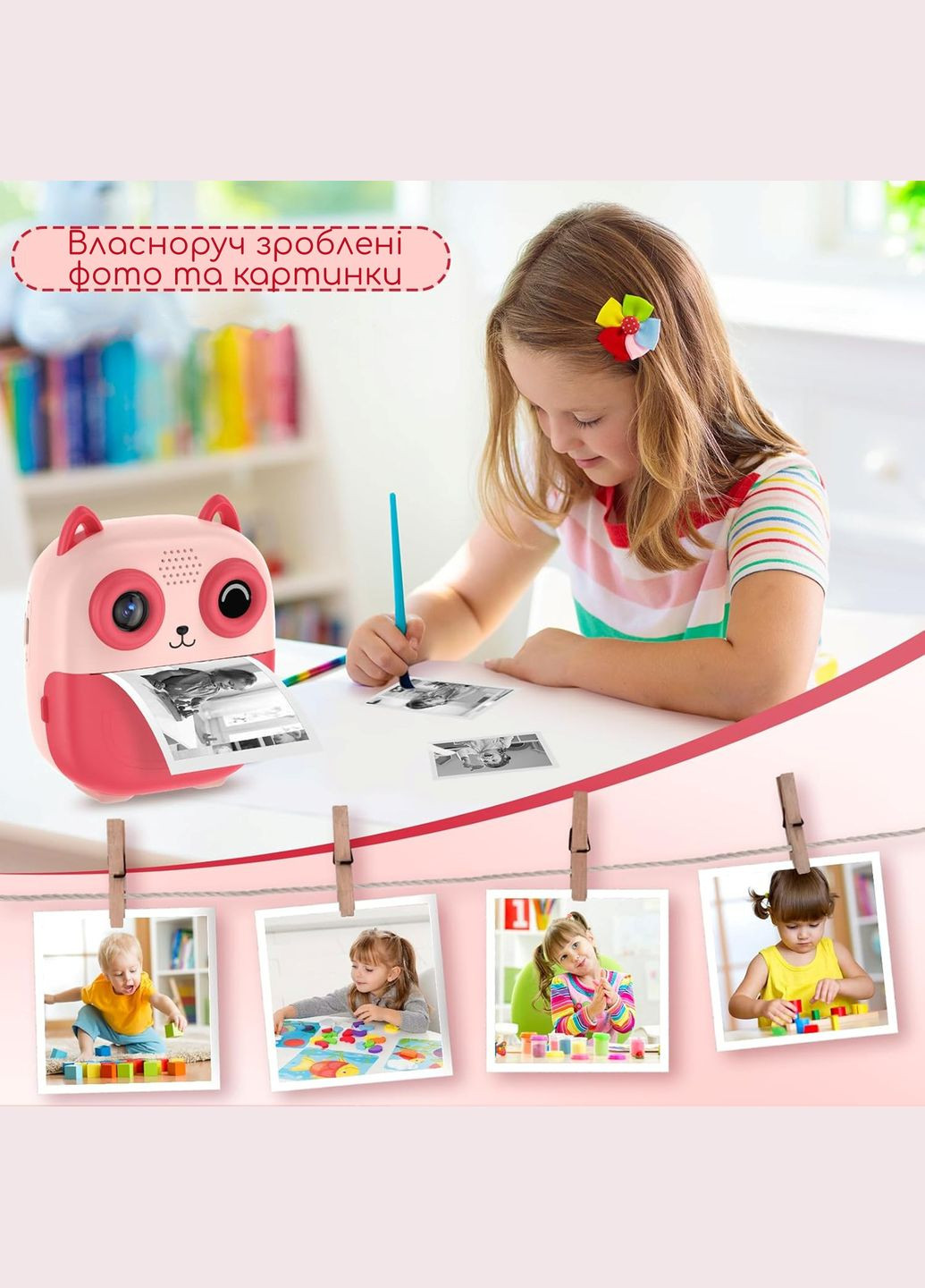Фотоаппарат мгновенной печати детская камера с термопечатью видеокамера для детей с принтером и играми Baby розовый Swan (336212852)