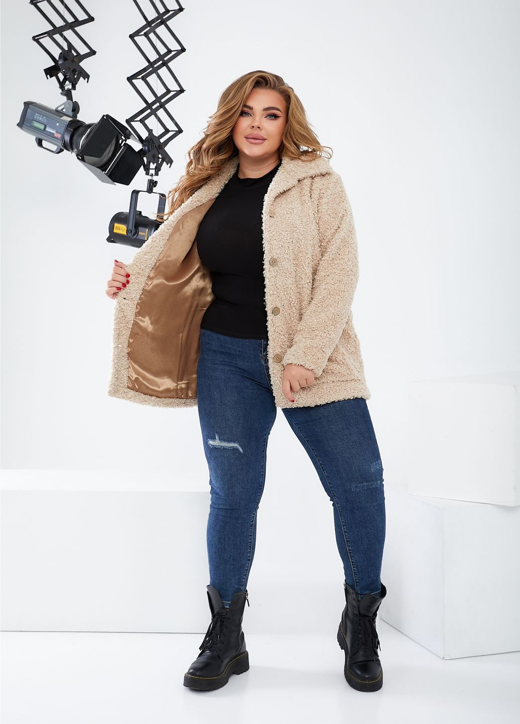 Бежеве Повсякденний, Кежуал напівпальто тедді однобортне No Brand однотонне