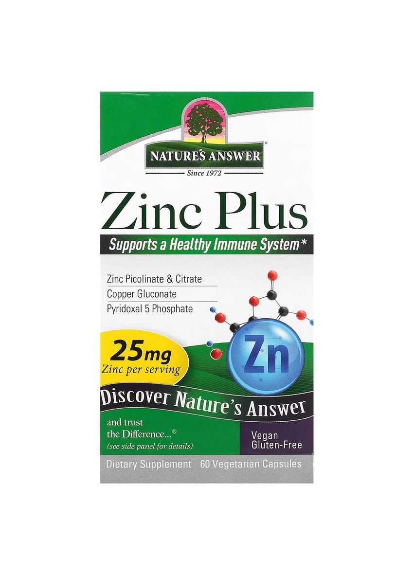 Цинк плюс, 25 мг, Zinc Plus,, 60 вегетаріанських капсул Nature's Answer (322741476)
