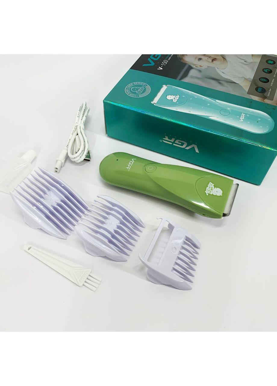 Очень тихая беспроводная машинка для стрижки волос детей V-150 с насадками. Цвет: зеленый VGR (364665519)