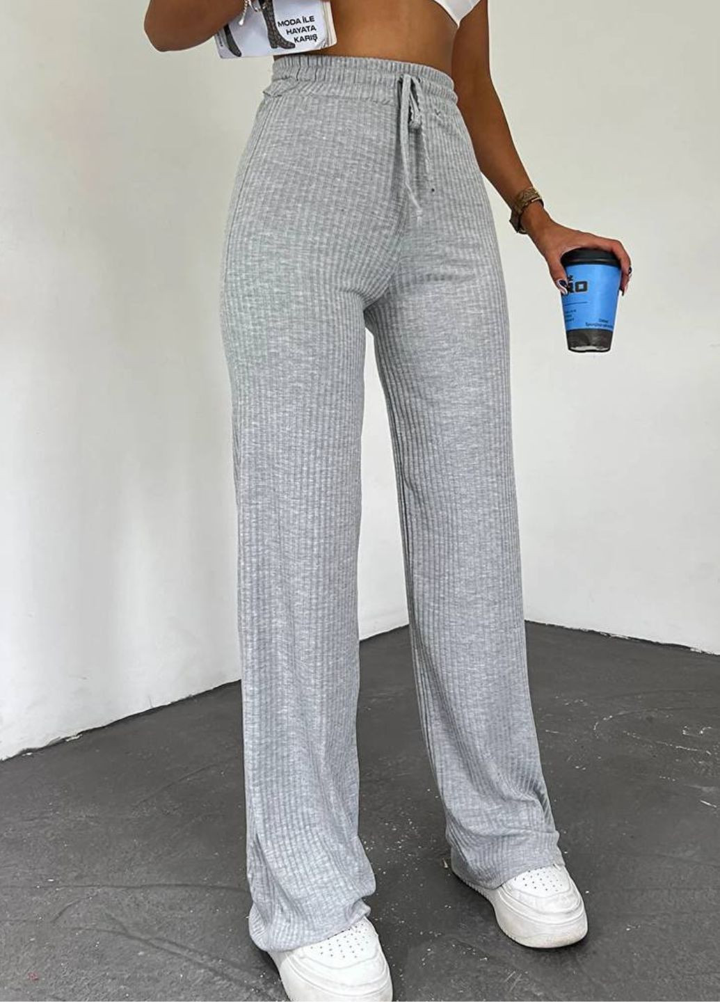 Базові повсякденні штани палаццо в рубчик високої посадки Україна (328558936)