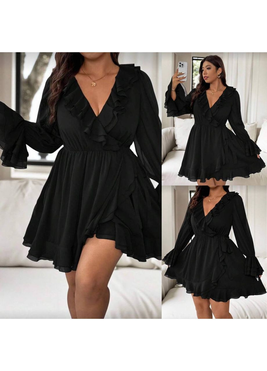 Чорна святковий, повсякденний, кежуал жіноча сукня з воланами на запах Style Point однотонна