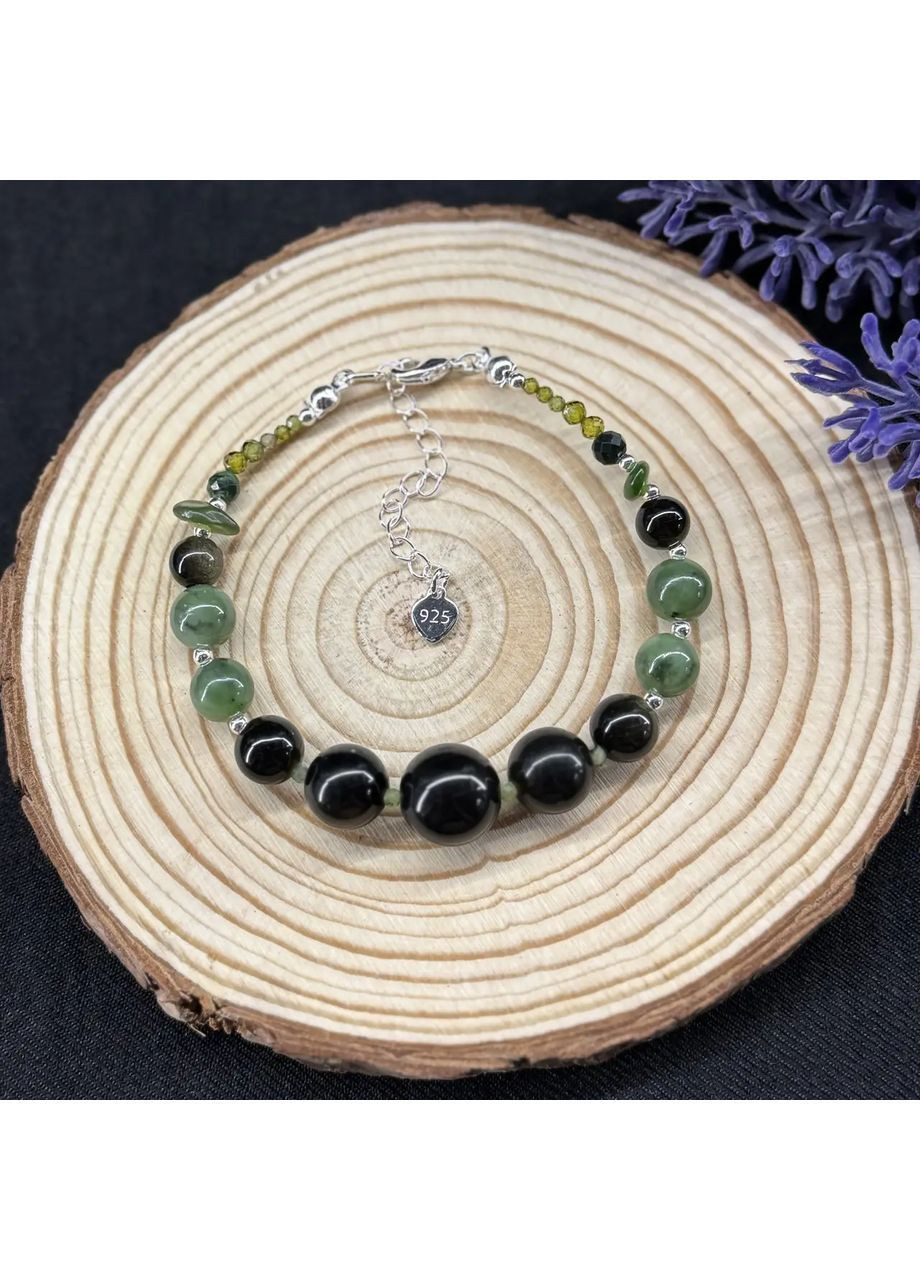 Браслет натуральный Обсидиан, Жадеит, Нефрит, Циркон, гип-ный сплав цвет серебро d-12-2мм+- L-18-23см No Brand Браслет (362695437)