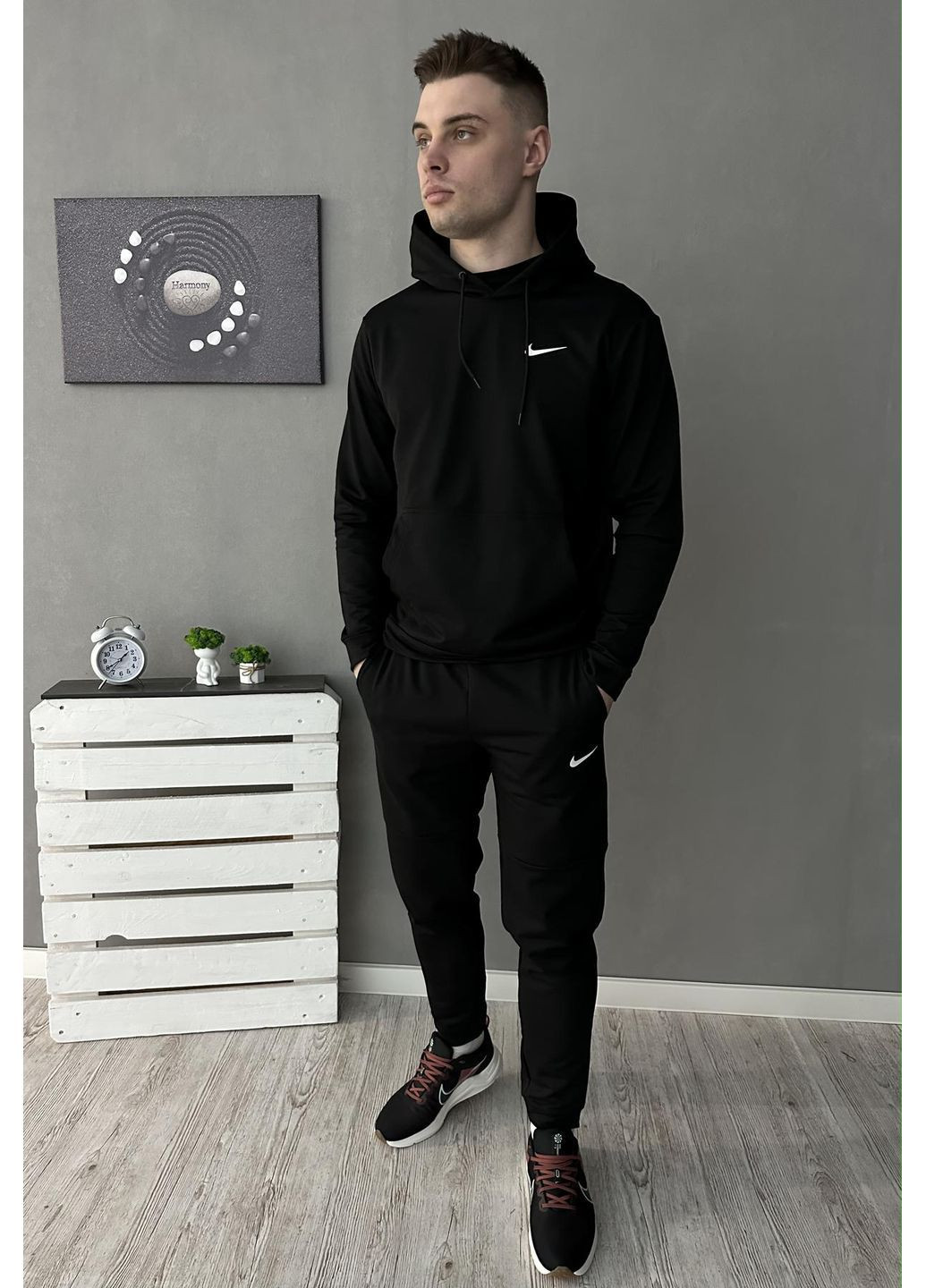 Чоловічий демісезонний спортивний костюм чорний худі + штани (двонитка) No Brand (370022039)