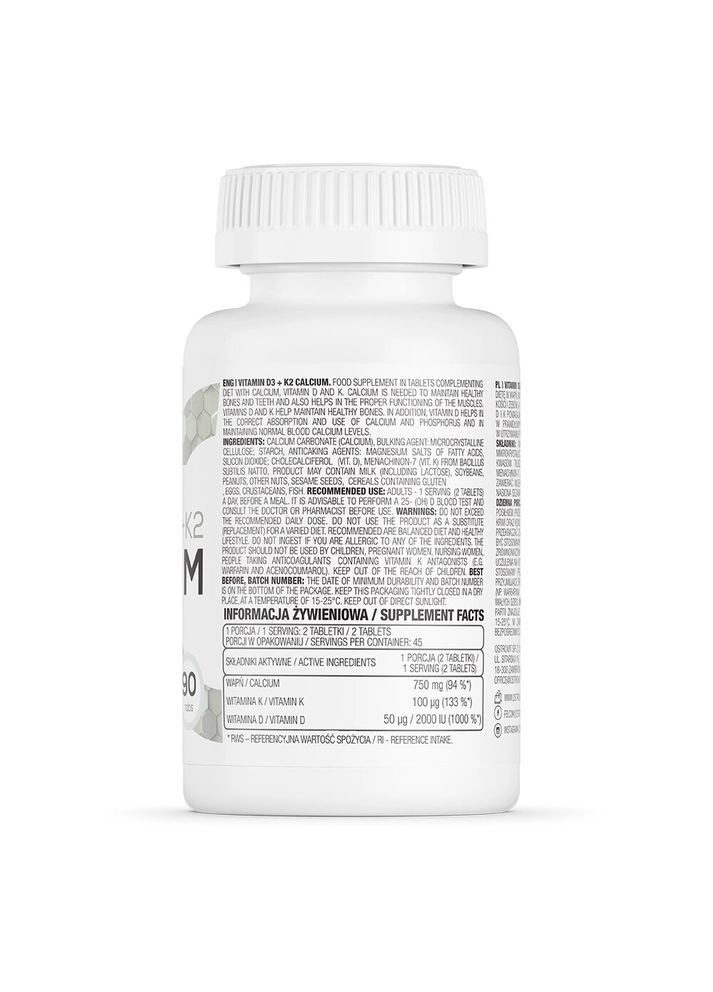 Витамины и минералы Vitamin D3+K2 Calcium, 90 таблеток Ostrovit (322238475)
