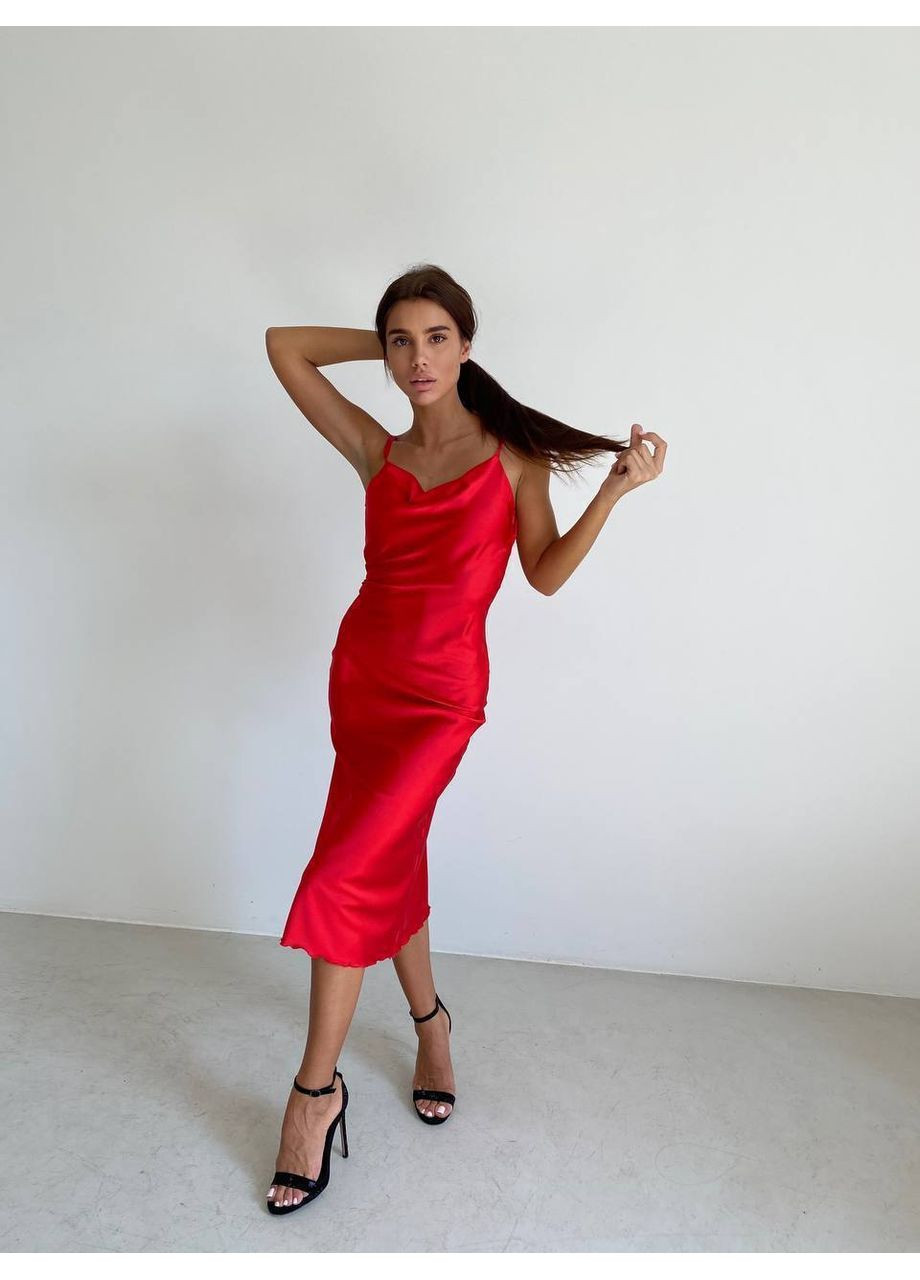 Красное шелковое платье меди красного цвета 33985 платье-майка No Brand однотонное