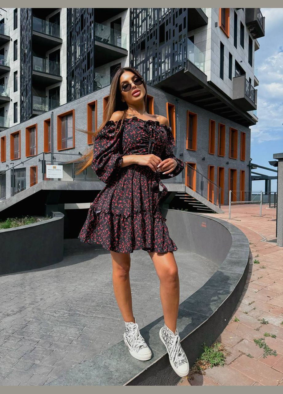 Черное романтичное черное платье в цветочном принте идеально подходящее на вечер, летнее платье с длинным рукавом No Brand с цветочным принтом