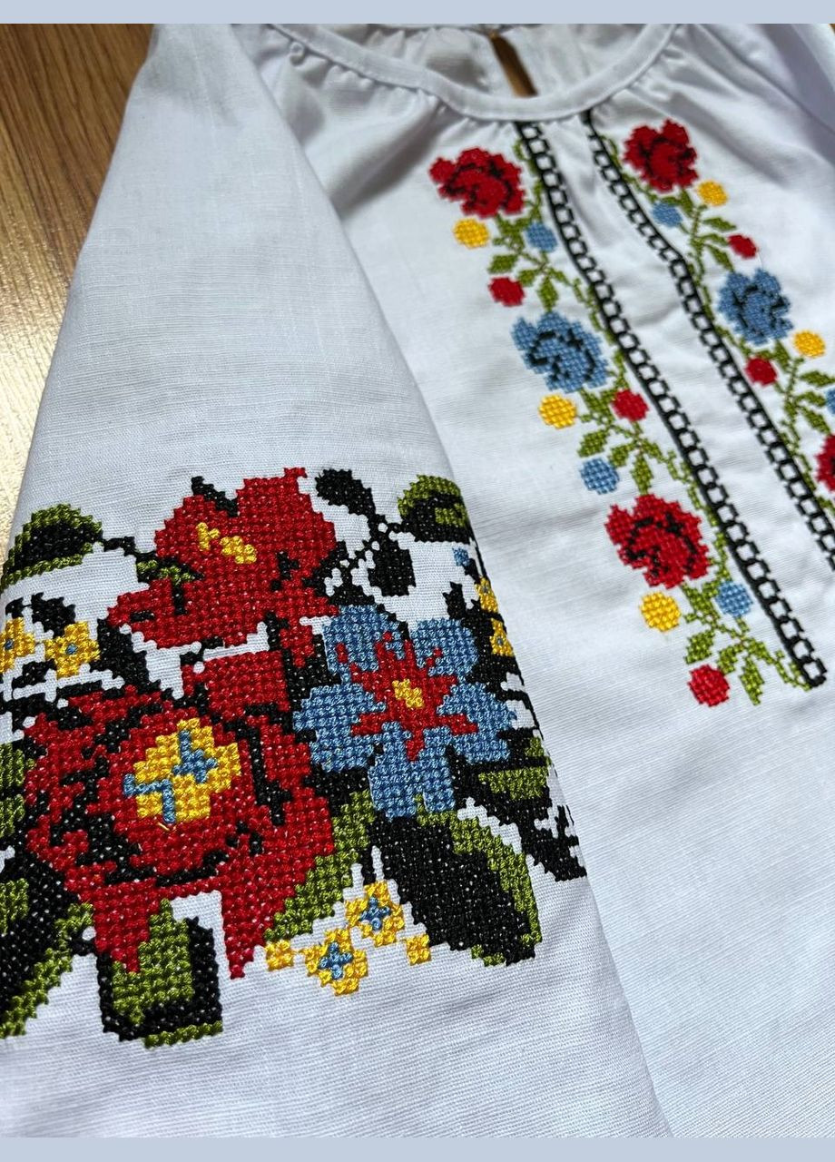 Біла стильна дитяча вишиванка «барви україни» з квітковим орнаментом, рукав 3/4 візерунок квітковий еластан, льон (333616104)