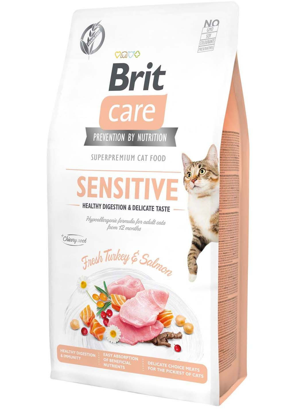 Сухой корм для привередливых кошек Cat GF Sensitive Digestion & Delicate Taste с индейкой и лососем 7 кг Brit Care (286472506)