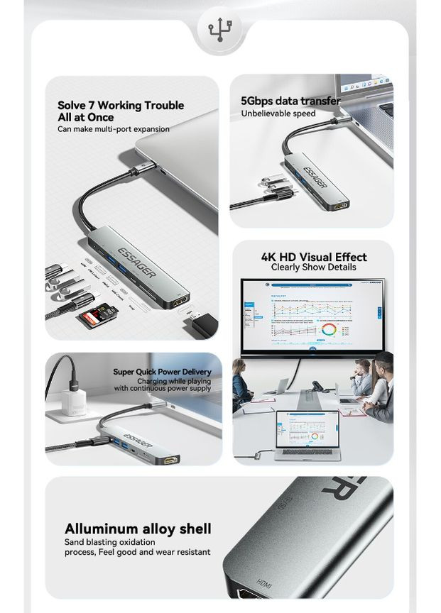 USBхаб 7 в 1 60W (Type-C 3.1 to 4K HDMI/SD/TF Card/PD Fast Charge) Essager (300523881)