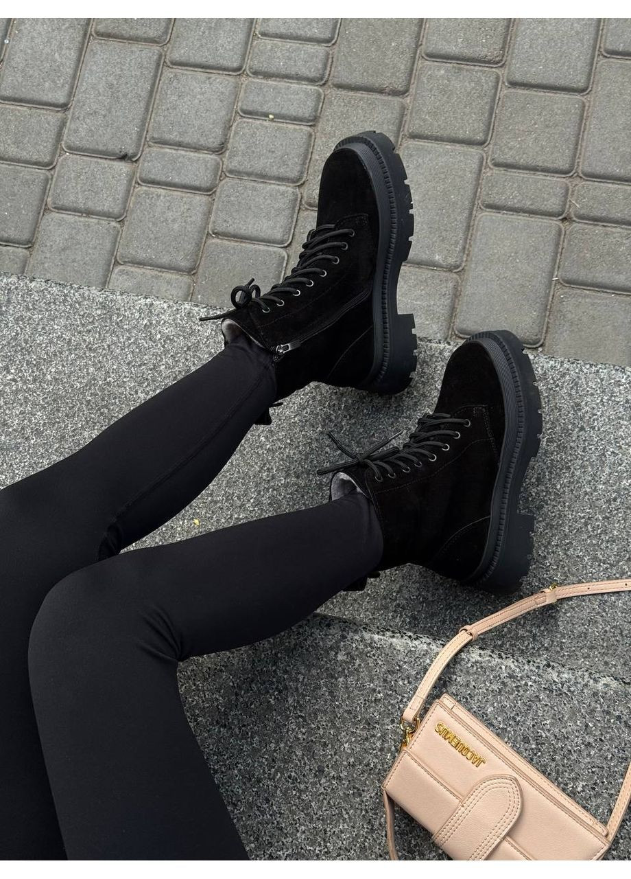 Зимние стильные женские ботинки No Brand со шнуровкой из натуральной замши