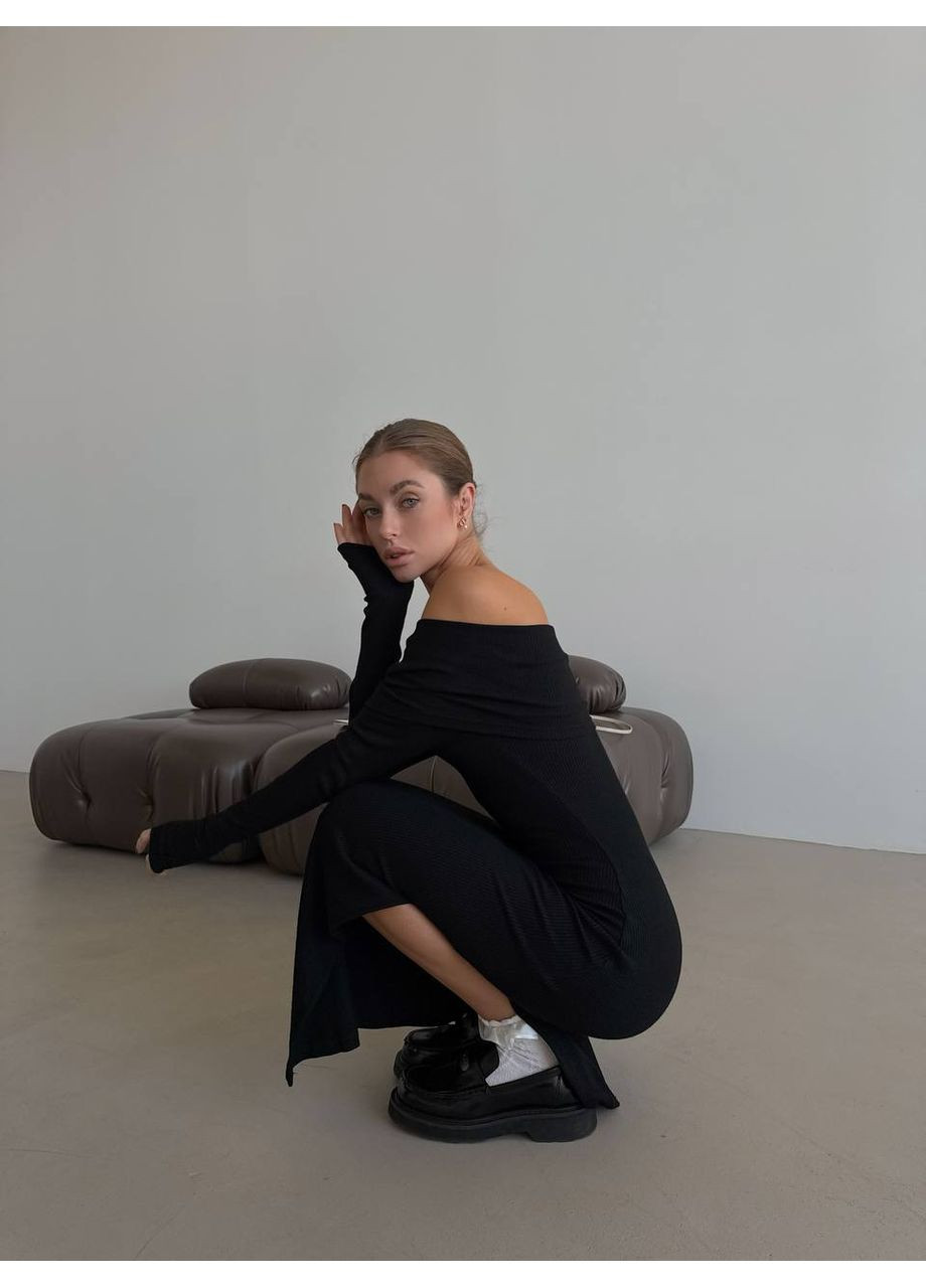 Черное длинное платье из ангоры с открытыми плечами черного цвета 35698 платье-свитер No Brand однотонное