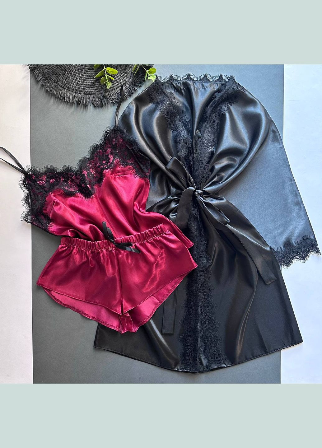 Бордовый демисезонный комплект халат майка шорты Exclusive