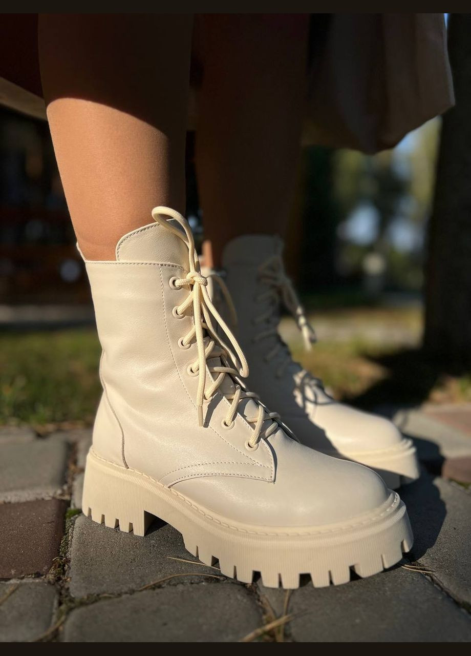 Зимние женские ботинки из натуральной кожи бежевые (1777) No Brand