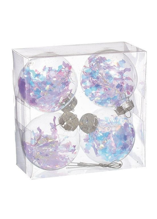 Набір прозорих кульок 4 шт. 8 см з мішурою для декору ялинки та інтер'єру святкові прикраси ProDobro (367266016)