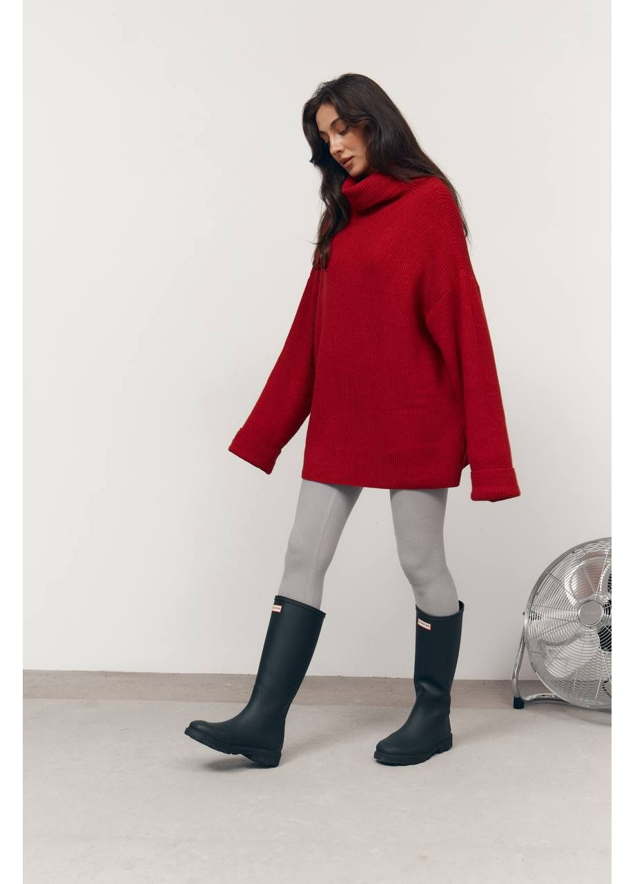 Червоний зимовий жіночий подовжений светр оверсайз з високою горловиною MonCher