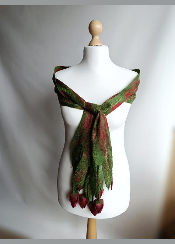 Шарф з тюльпанами, мокре валяння вовни меринос і шовку, ручна робота Hand Made (330766788)
