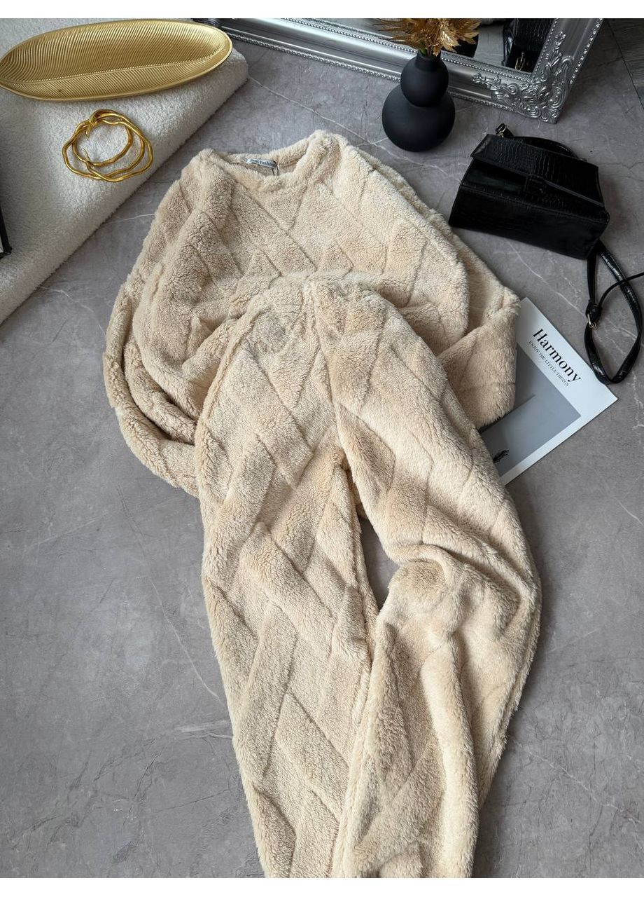 Бежевая всесезон женская пижама кофта + брюки No Brand