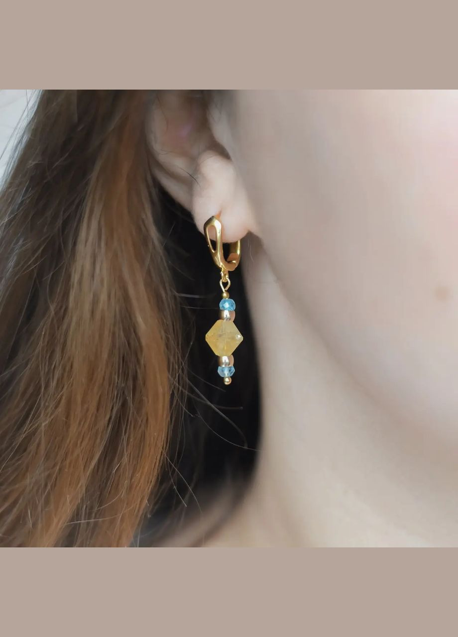 Сережки натуральний Цитрин біконус і Топаз блакитний рондель, фур-ра гіп-ний сплав колір золото d-8х4мм+- L-35мм No Brand Підвіски (334350419)