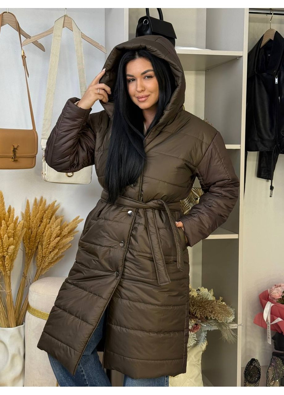 Коричневе демісезонне Зимове стьобане пальто з поясом та об’ємним капюшоном • тепле та стильне • ЗАМІРИ В ОПИСІ GD/GL Модний простір