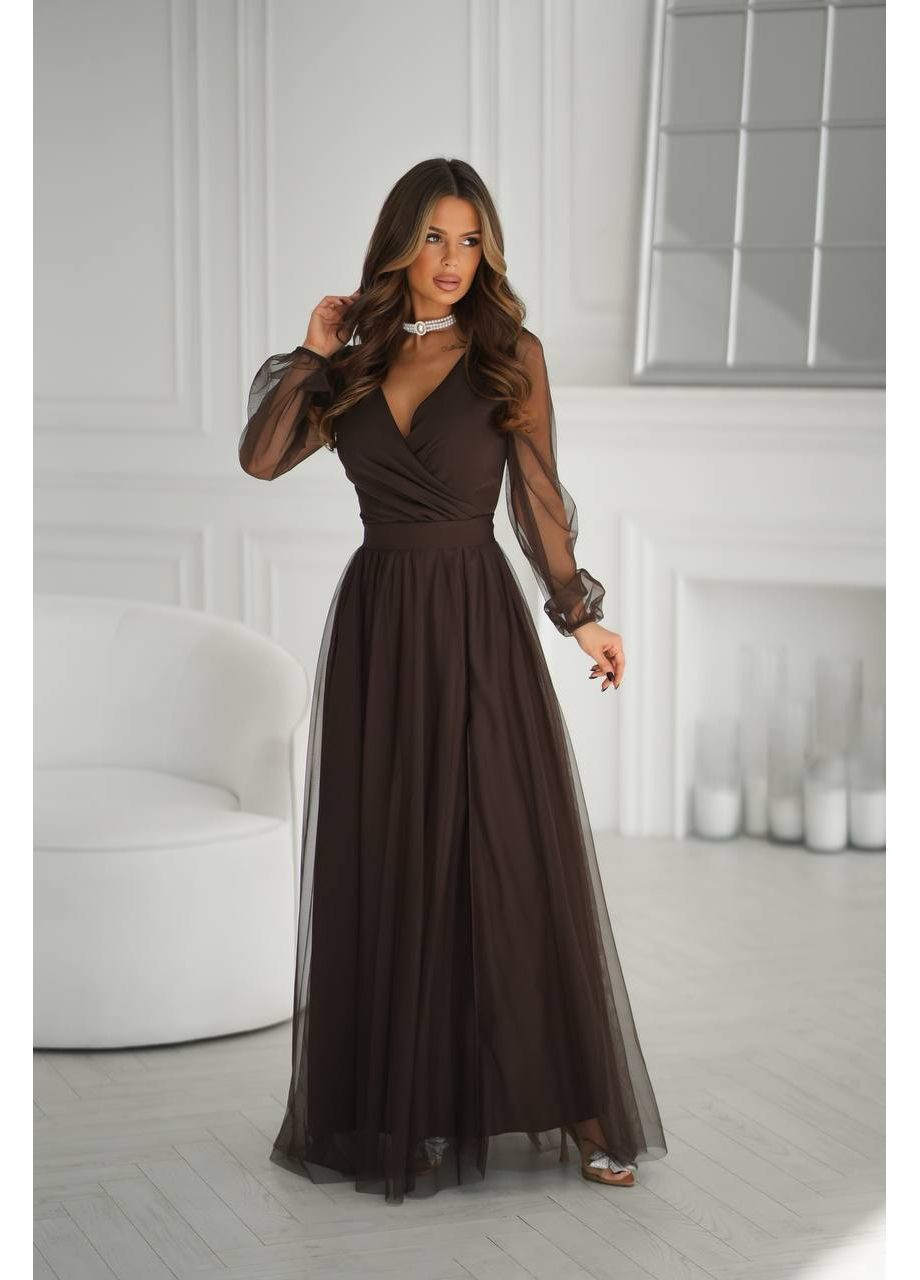 Коричневое праздничный, вечернее вечернее платье макси с высоким разрезом и сетчатыми рукавами MonCher