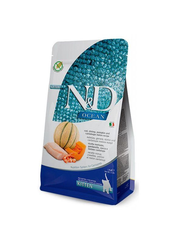 Беззерновой корм N&D Ocean Grain Free Kitten Cod, Shrimp, Pumpkin & Cantaloupe Melon, для котят, с треской, 300 г Farmina (360544134)
