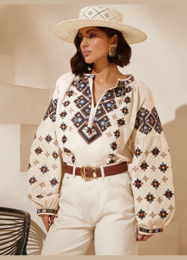 Бежева жіноча вишиванка бавовняна, рукав ліхтарик код нації, розміри s-3xl (42-54) бежева Po Fanu візерунок орнамент (330777560)