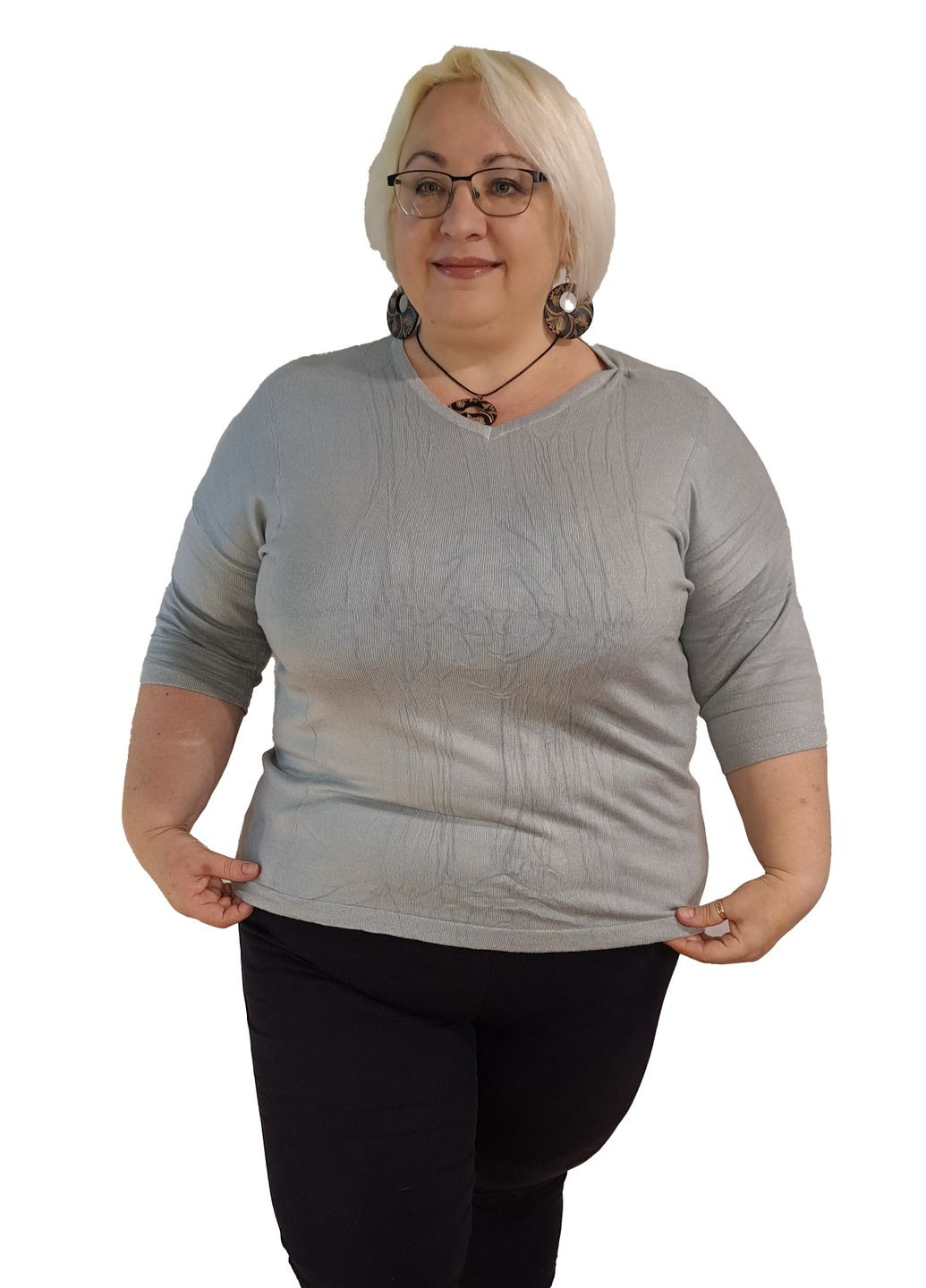 Полувер-американка с люрексом, однотонный, рукав 3/4, батал в сером цвете. No Brand (360894838)