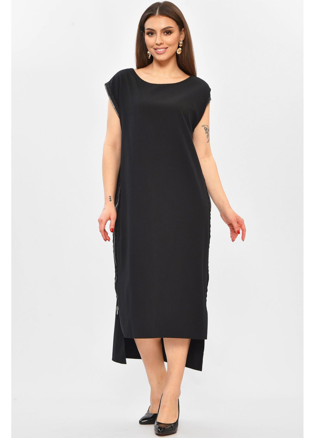 Чорна повсякденний сукня жіноча однотонна чорного кольору з баскою Let's Shop однотонна