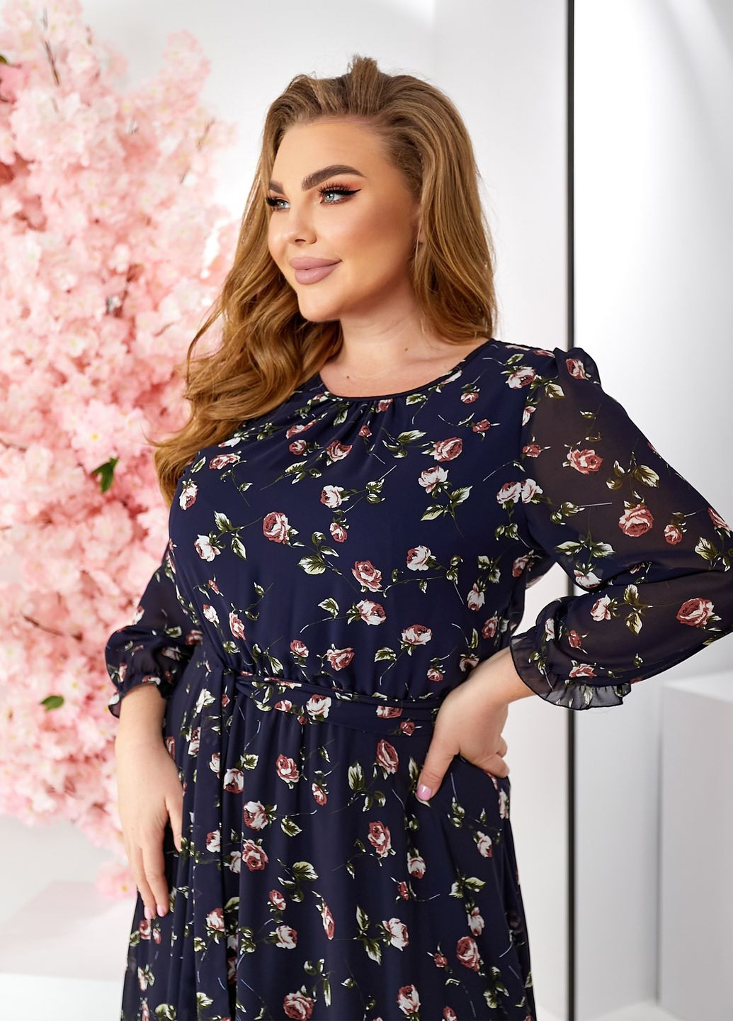 Синя повсякденний, кежуал шифонова сукня з довгими рукавами кльош, дзвін No Brand з квітковим принтом