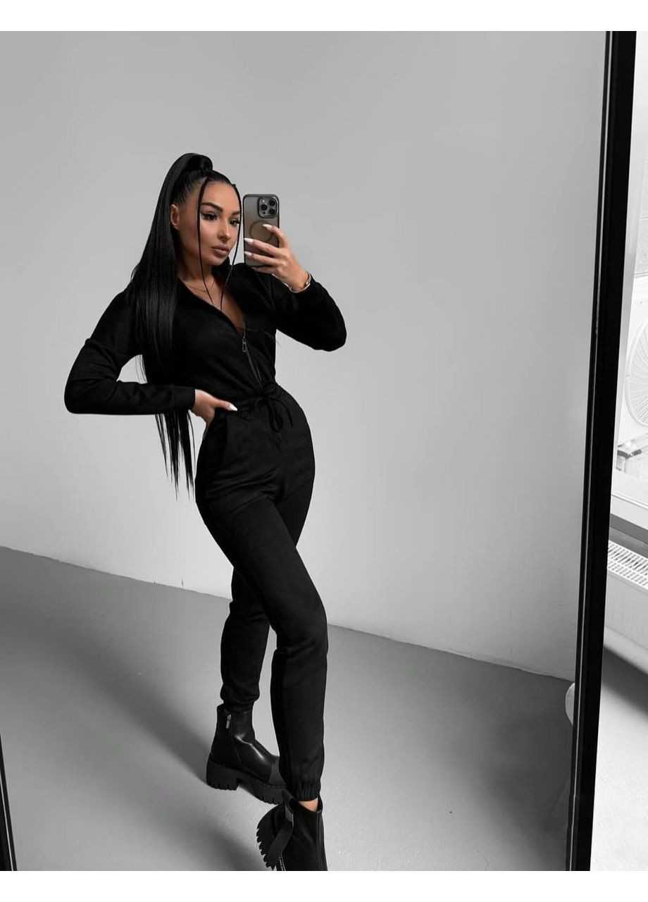 Жіночий комбінезон No Brand комбінезон-брюки однотонний чорний спортивний, повсякденний, вечірній, діловий, кежуал дайвінг, штучна замша
