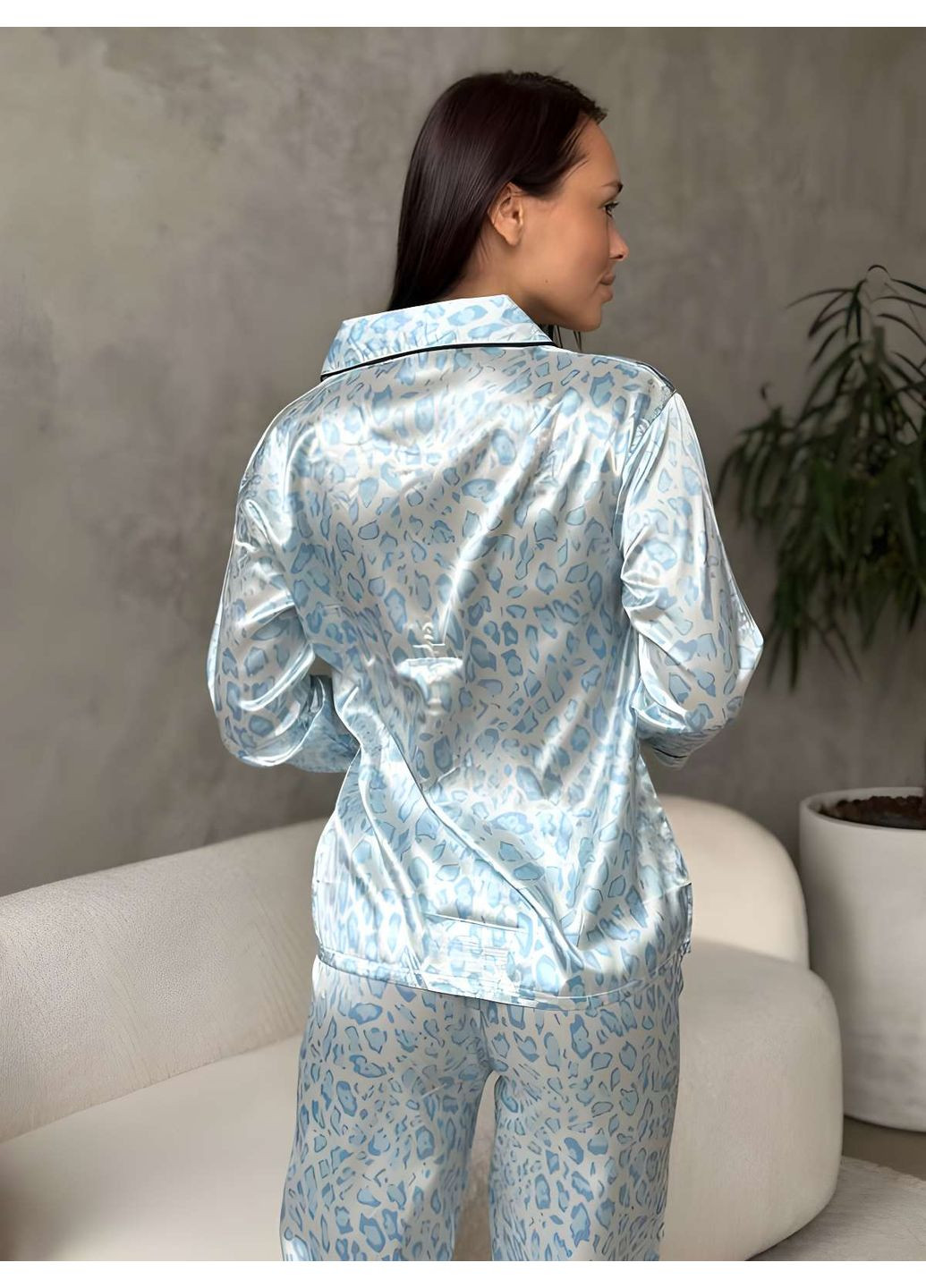 Голубая женская шелковая голубая леопардовая пижама брючная рубашка на пуговицах и брюки No Brand