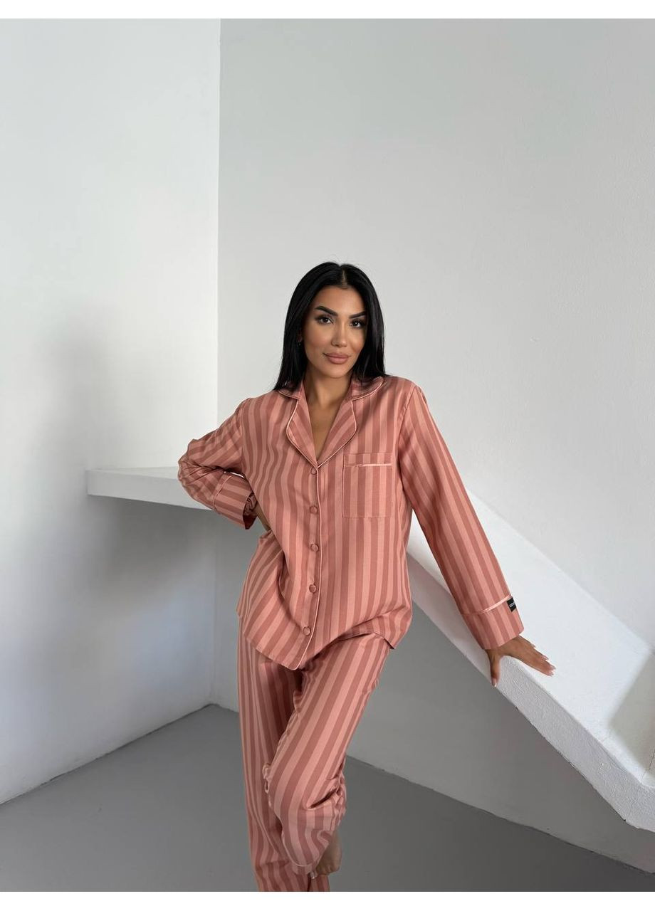 Темно-бежевая всесезон женская пижама - домашний костюм. рубашка + брюки No Brand