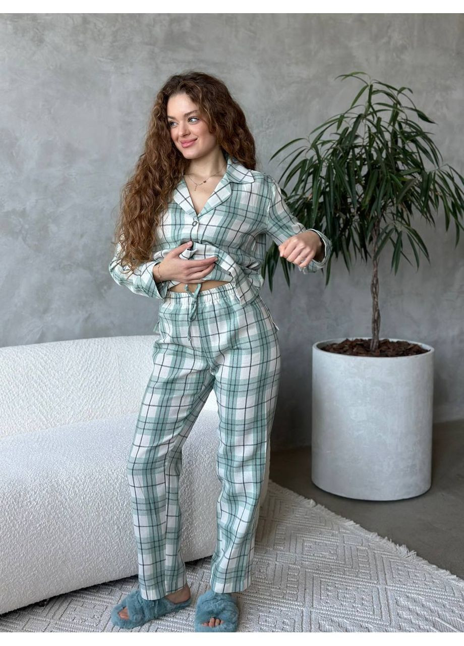 Бірюзова всесезон піжама жіноча - домашній костюм сорочка + брюки No Brand