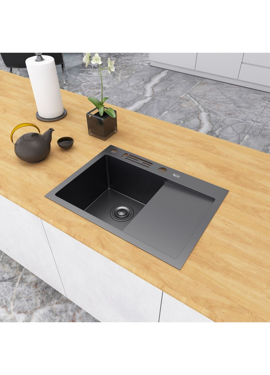 Черная раковина на кухню с правым крылом NB-6045(R) Nett (337718077)