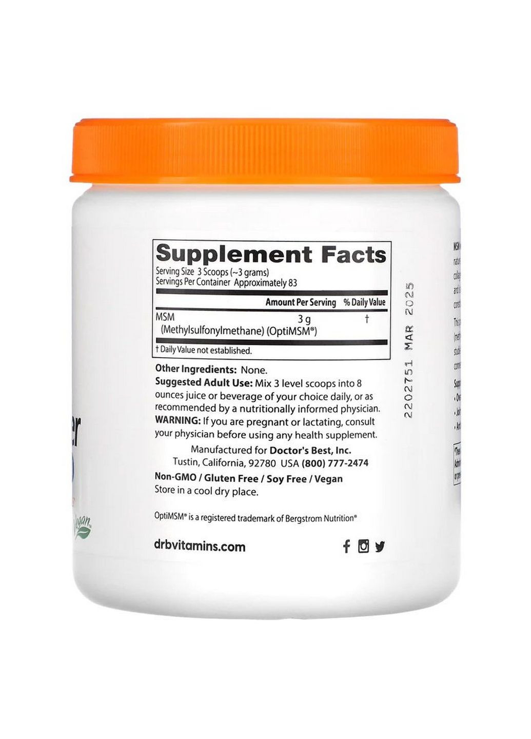 Препарат для суставов и связок MSM Powder with OptiMSM, 250 грамм Doctor's Best (296261083)