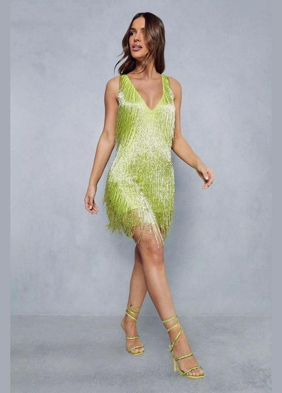 Салатова сукня міні з бахромою та блискучим бісером, лайм MissPap